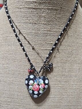 Betsey Johnson Black Polka Dot Heart Pendant Necklace with Floral Accent